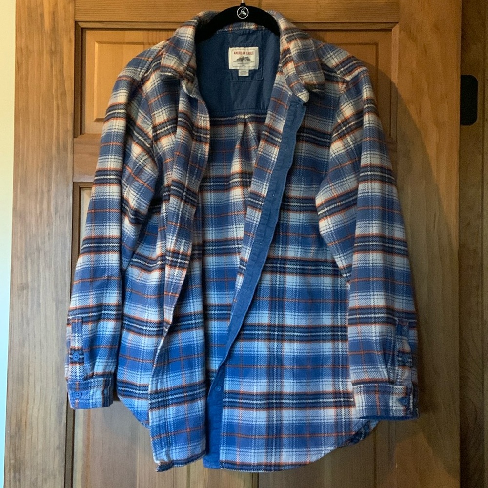 American Eagle blue/orange/white flannel button up medium